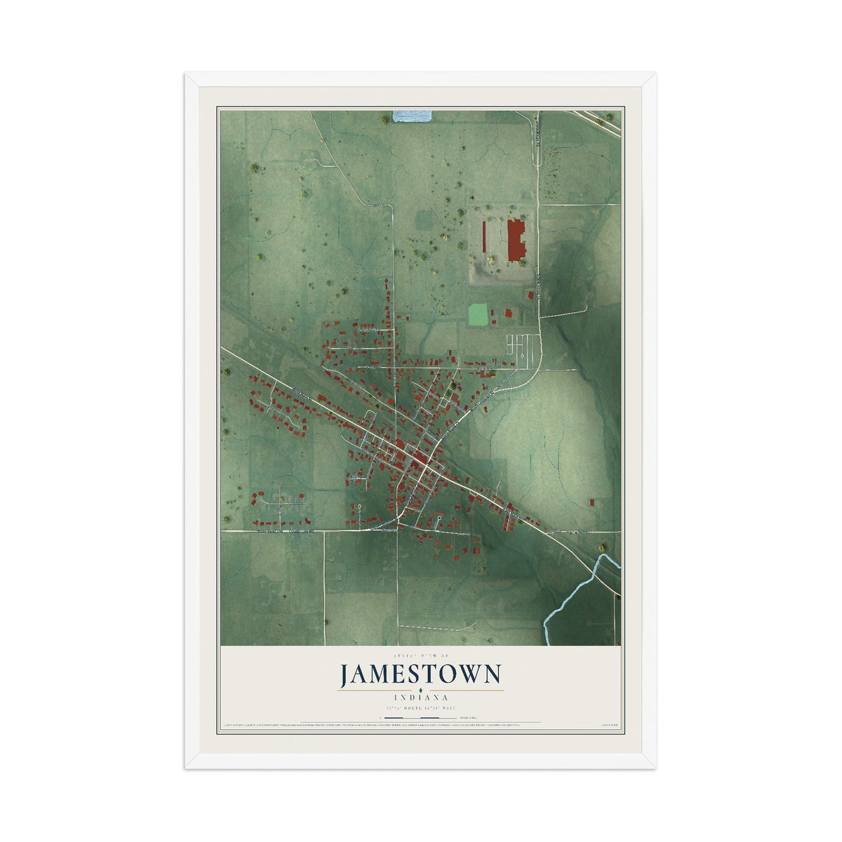 Map of Jamestown, Indiana, 12 x 18 inch print in a white wood frame