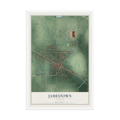 Map of Jamestown, Indiana, 12 x 18 inch print in a white wood frame