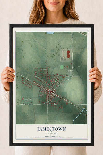 Map of Jamestown, Indiana, 18 x 24 inch print in a black wood frame