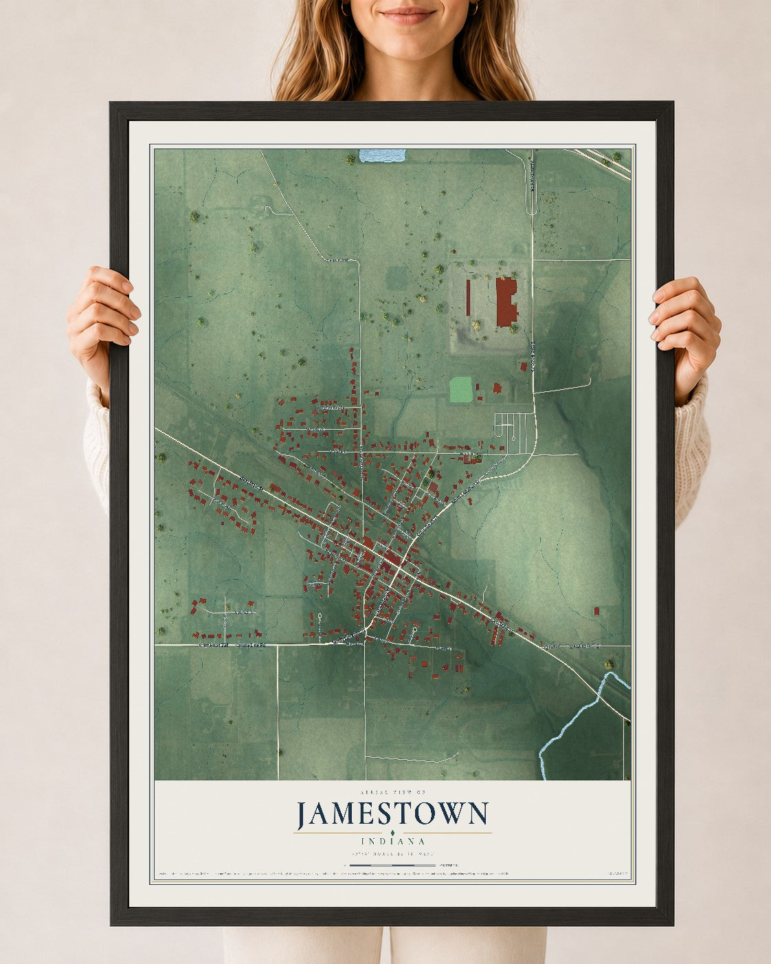 Map of Jamestown, Indiana, 24 x 36 inch print in a black wood frame