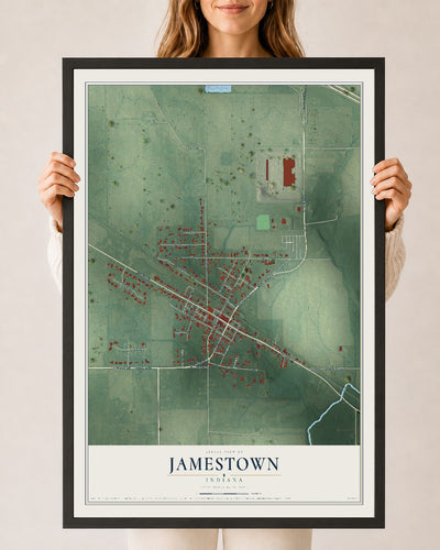 Map of Jamestown, Indiana, 24 x 36 inch print in a black wood frame