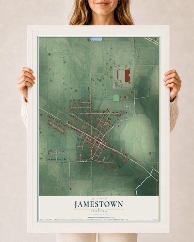 Map of Jamestown, Indiana, 24 x 36 inch print in a white wood frame
