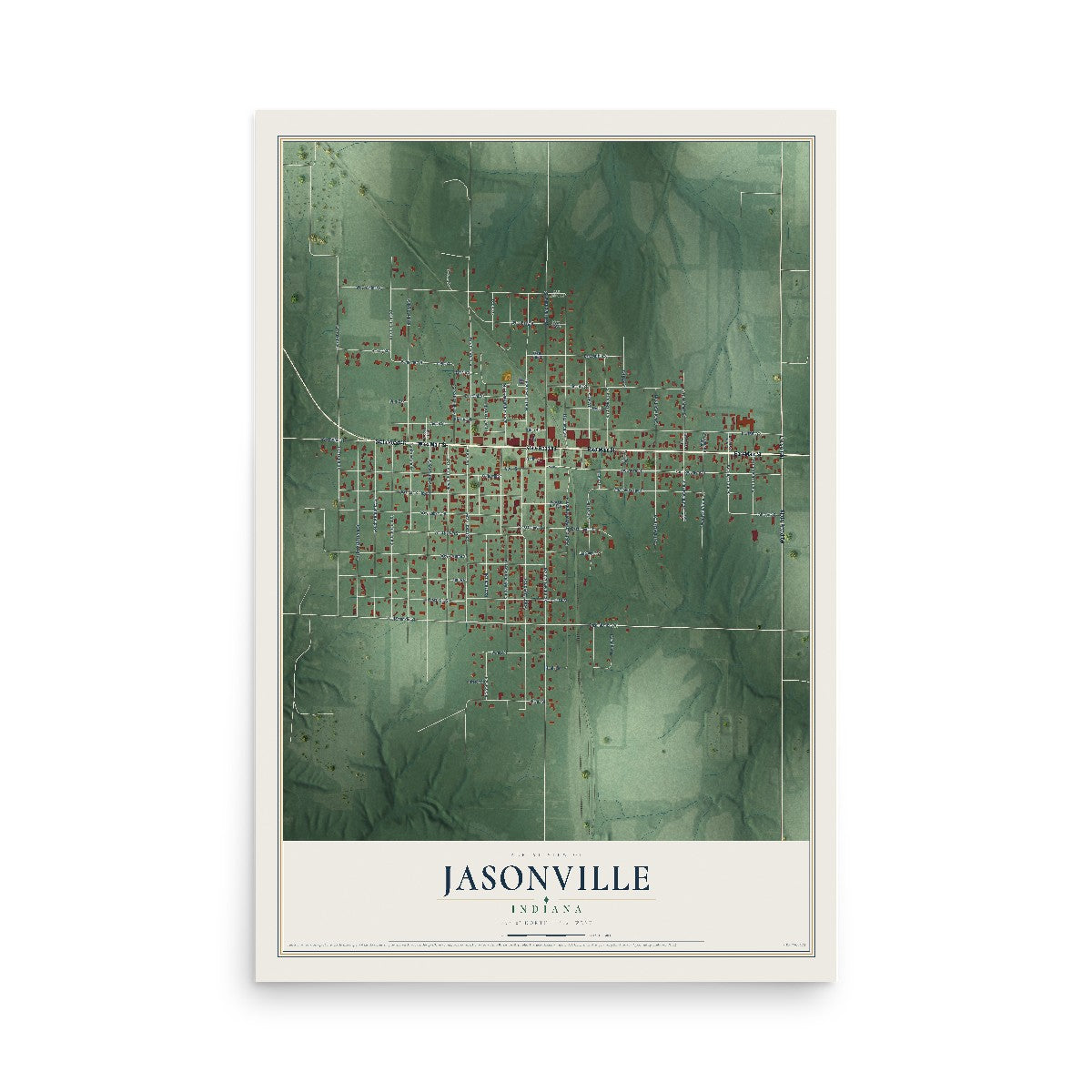Map of Jasonville, Indiana, 12 x 18 inch unframed archival matte print