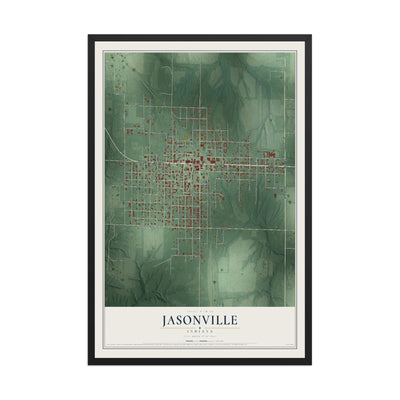Map of Jasonville, Indiana, 12 x 18 inch print in a black wood frame