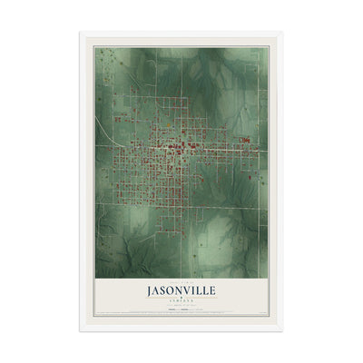 Map of Jasonville, Indiana, 12 x 18 inch print in a white wood frame
