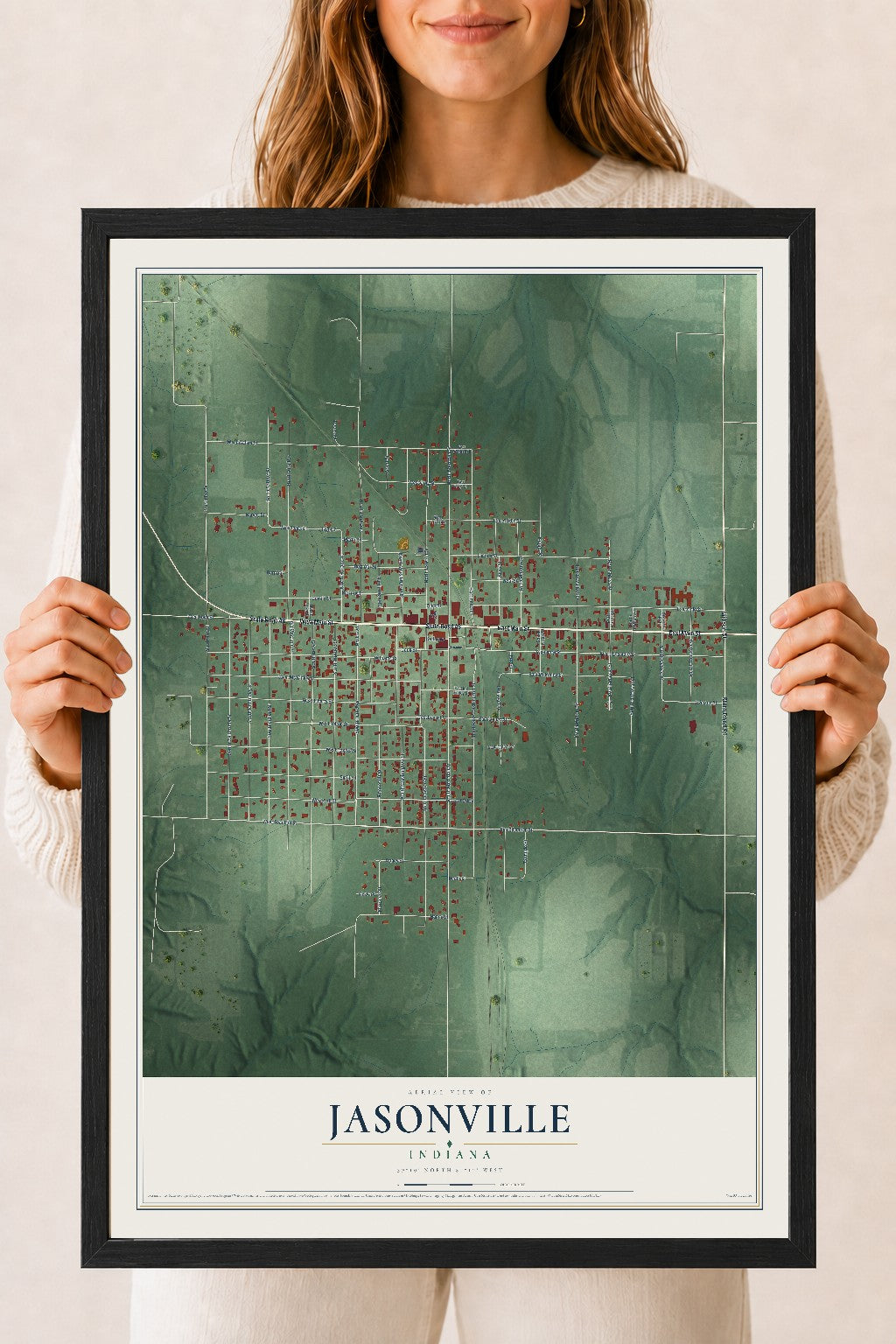 Map of Jasonville, Indiana, 18 x 24 inch print in a black wood frame