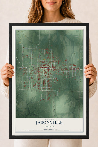 Map of Jasonville, Indiana, 18 x 24 inch print in a black wood frame