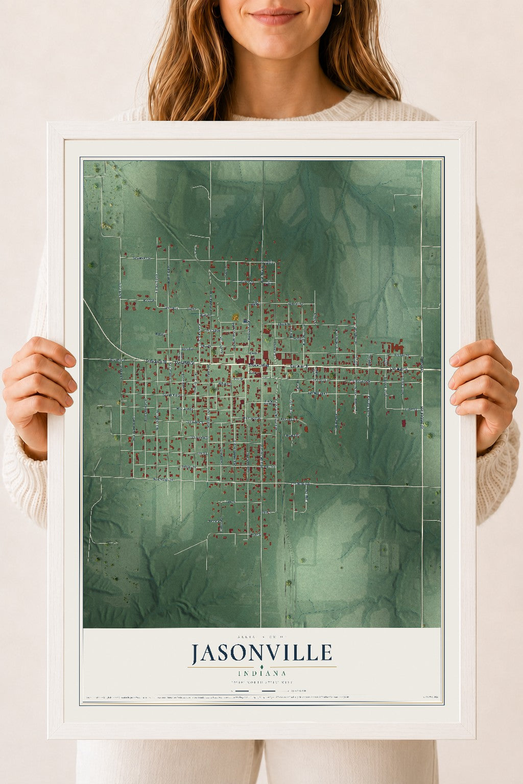 Map of Jasonville, Indiana, 18 x 24 inch print in a white wood frame