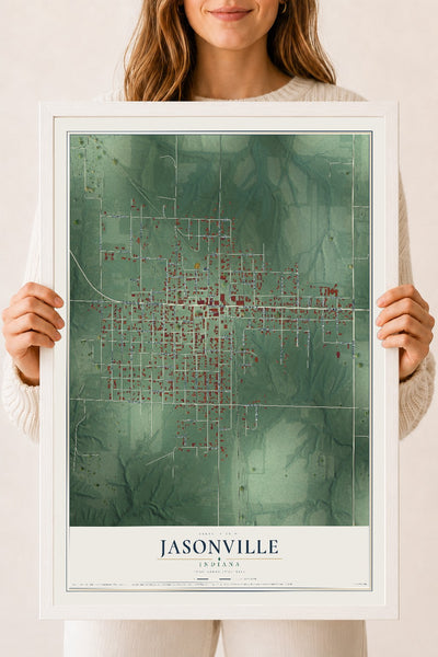 Map of Jasonville, Indiana, 18 x 24 inch print in a white wood frame