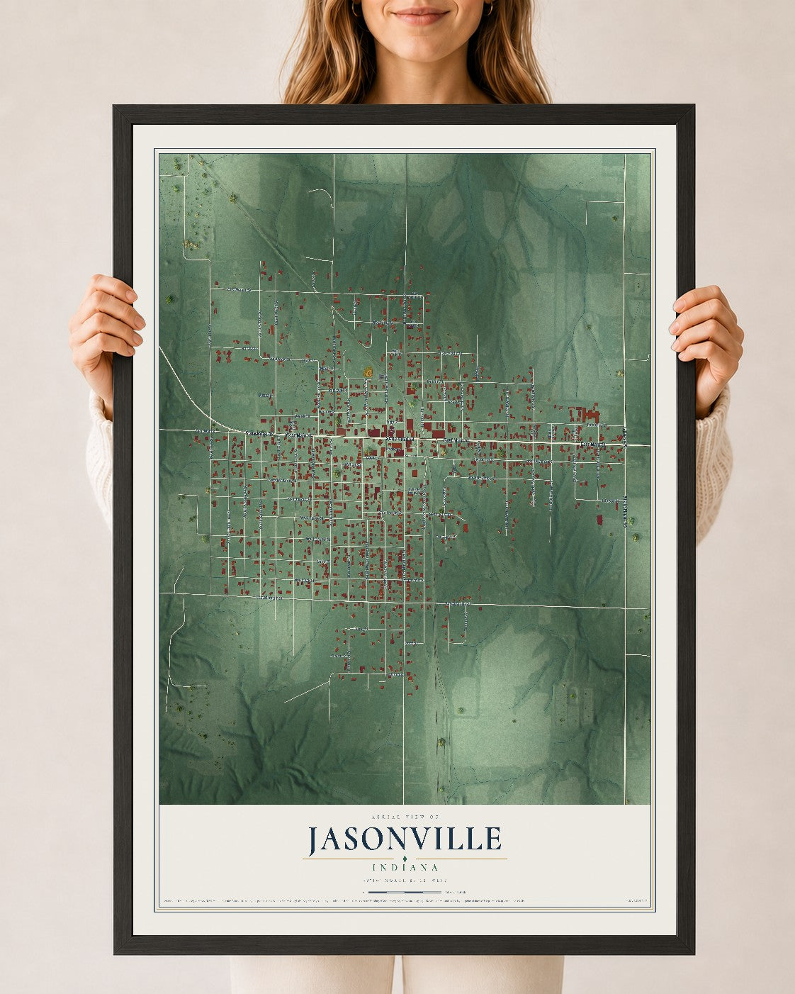 Map of Jasonville, Indiana, 24 x 36 inch print in a black wood frame