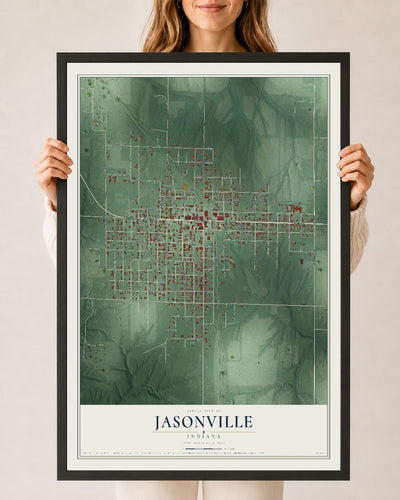 Map of Jasonville, Indiana, 24 x 36 inch print in a black wood frame