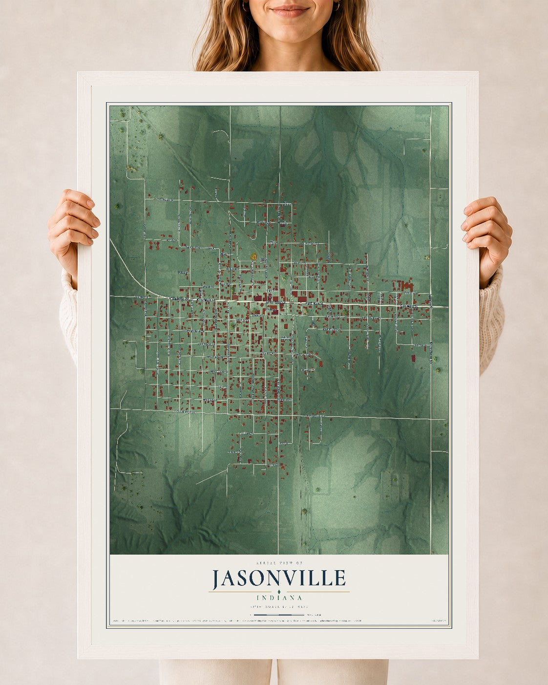 Map of Jasonville, Indiana, 24 x 36 inch print in a white wood frame