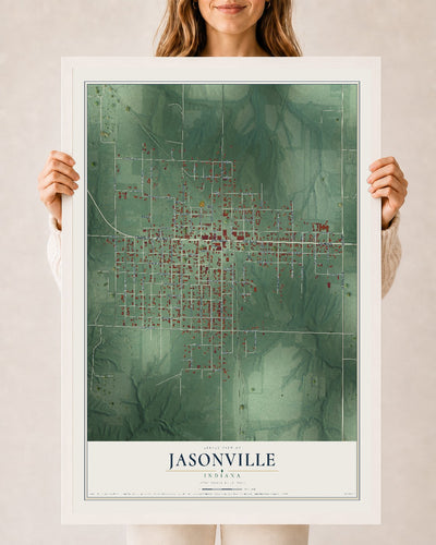 Map of Jasonville, Indiana, 24 x 36 inch print in a white wood frame