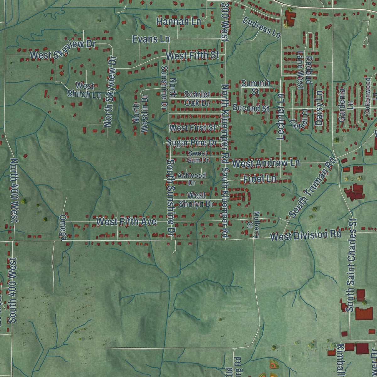 Second close-up of the map of Jasper, Indiana print showing more streets and buildings