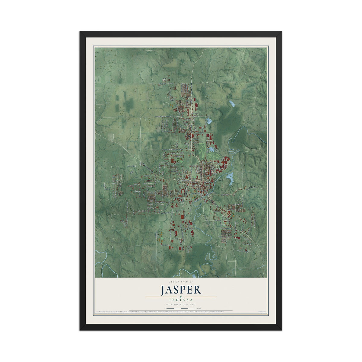 Map of Jasper, Indiana, 12 x 18 inch print in a black wood frame