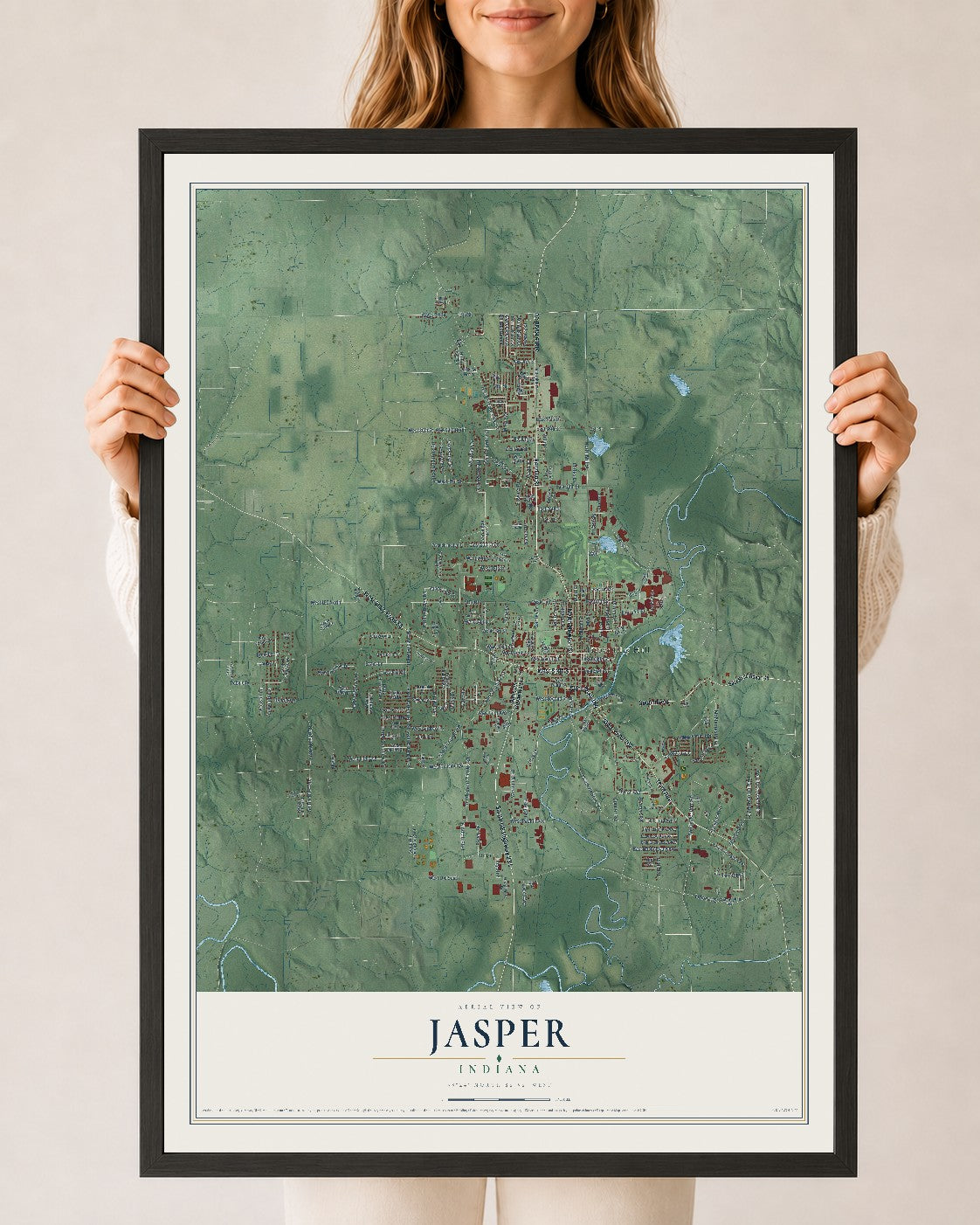 Map of Jasper, Indiana, 24 x 36 inch print in a black wood frame