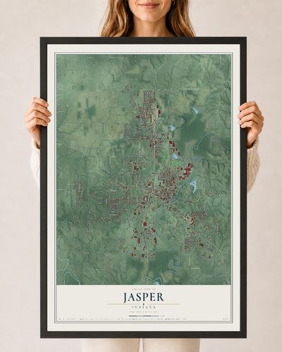 Map of Jasper, Indiana, 24 x 36 inch print in a black wood frame
