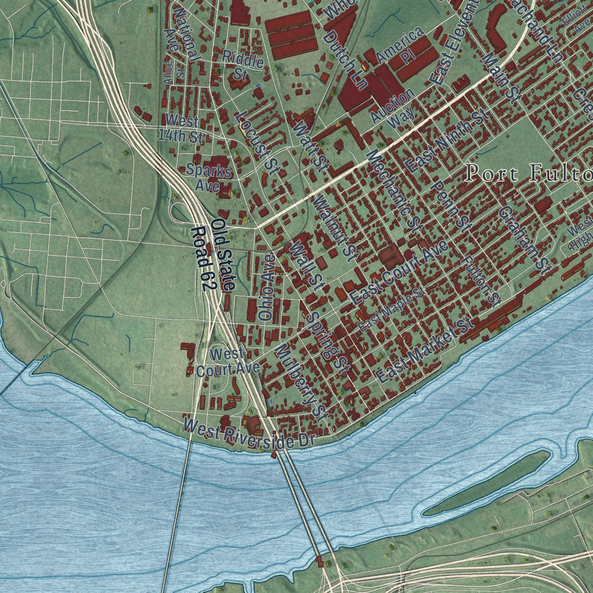 Second close-up of the map of Jeffersonville, Indiana print showing more streets and buildings