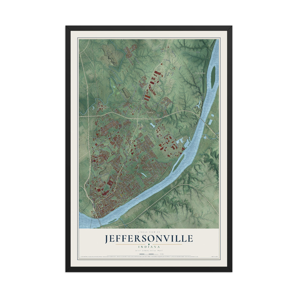 Map of Jeffersonville, Indiana, 12 x 18 inch print in a black wood frame