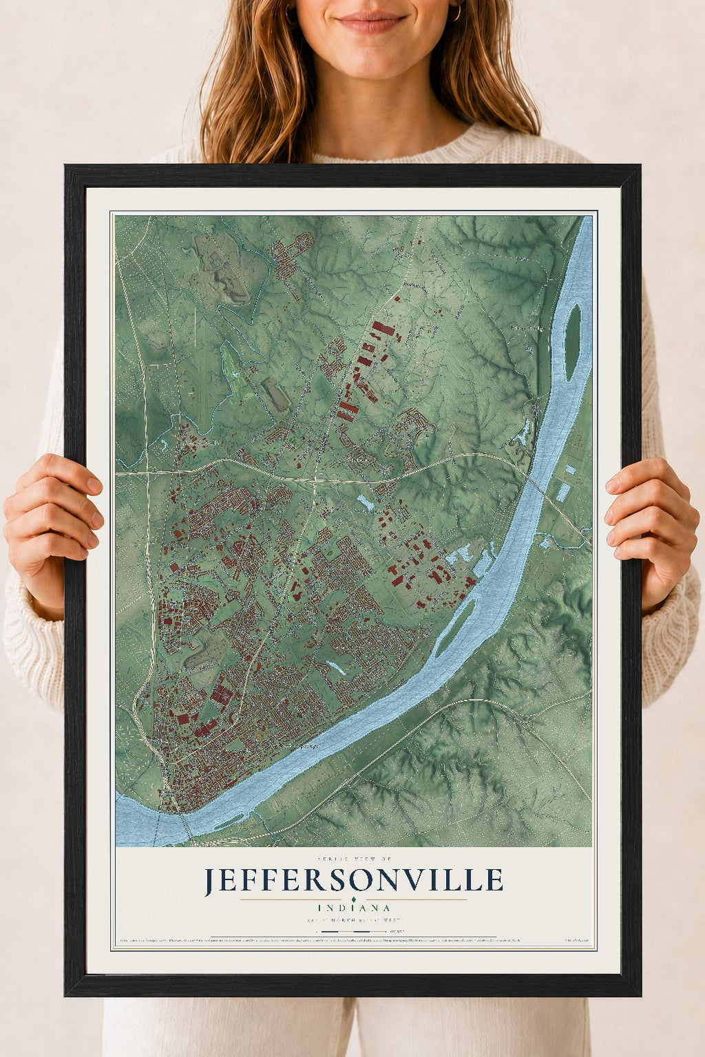 Map of Jeffersonville, Indiana, 18 x 24 inch print in a black wood frame