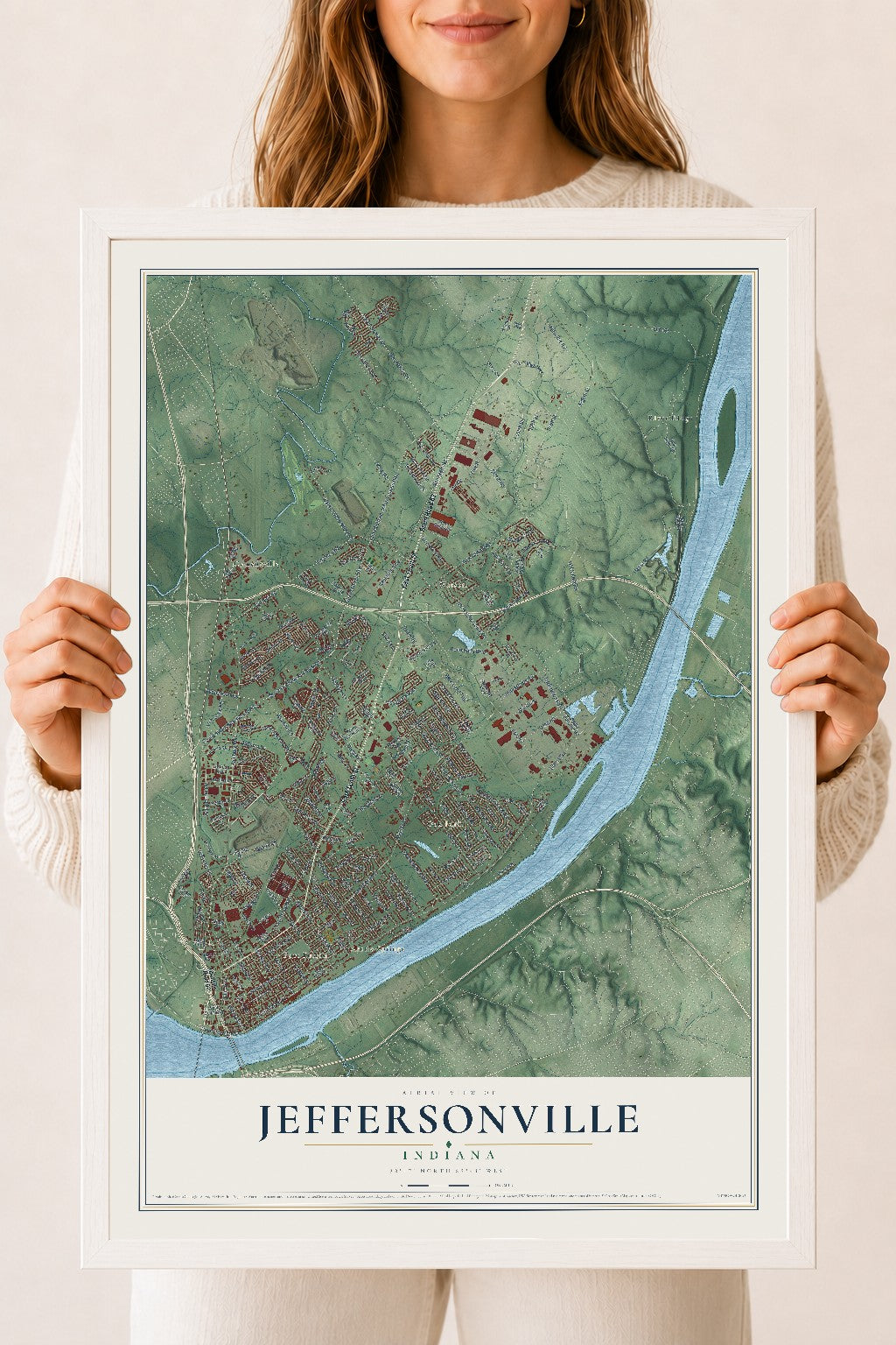 Map of Jeffersonville, Indiana, 18 x 24 inch print in a white wood frame