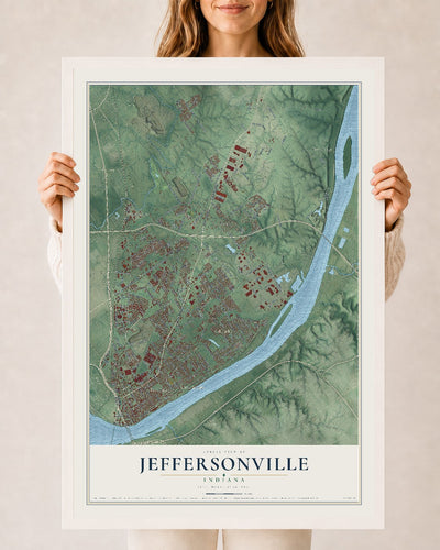 Map of Jeffersonville, Indiana, 24 x 36 inch print in a white wood frame