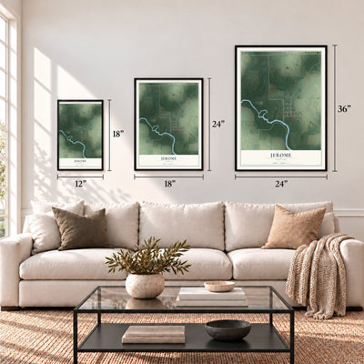 Jerome, Indiana map in 12 x 18, 18 x 24 and 24 x 36 inch sizes above a sofa