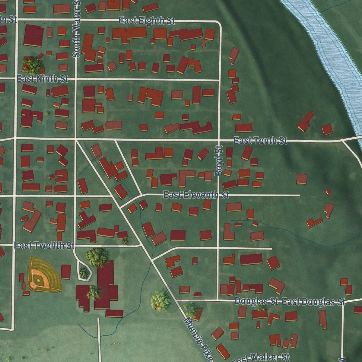 Close-up of the map of Jonesboro, Indiana print showing street and building detail