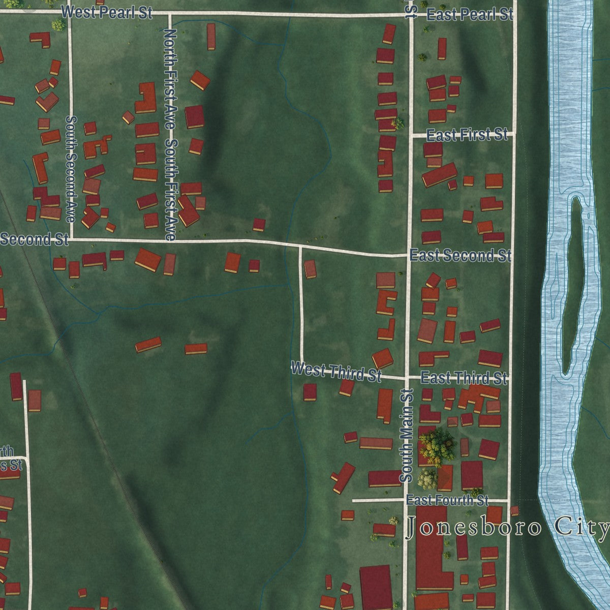 Second close-up of the map of Jonesboro, Indiana print showing more streets and buildings