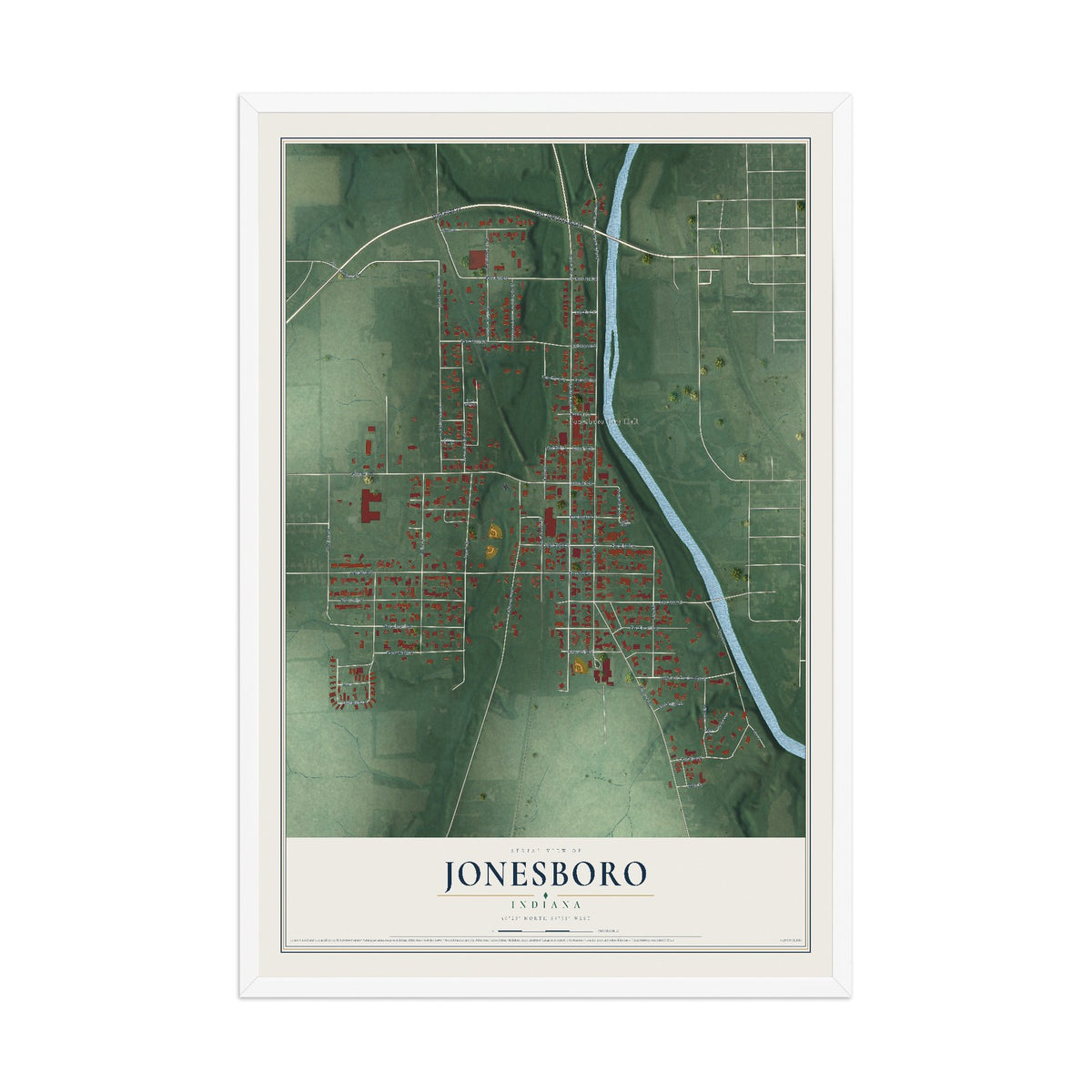 Map of Jonesboro, Indiana, 12 x 18 inch print in a white wood frame