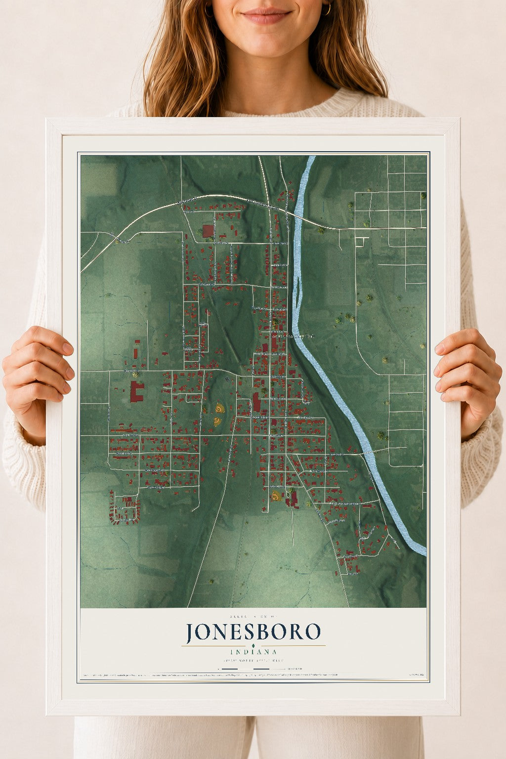 Map of Jonesboro, Indiana, 18 x 24 inch print in a white wood frame