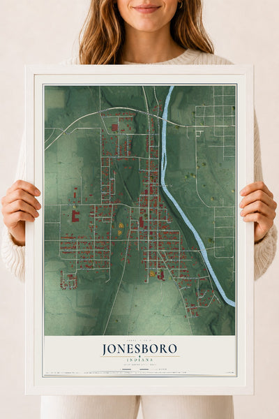 Map of Jonesboro, Indiana, 18 x 24 inch print in a white wood frame