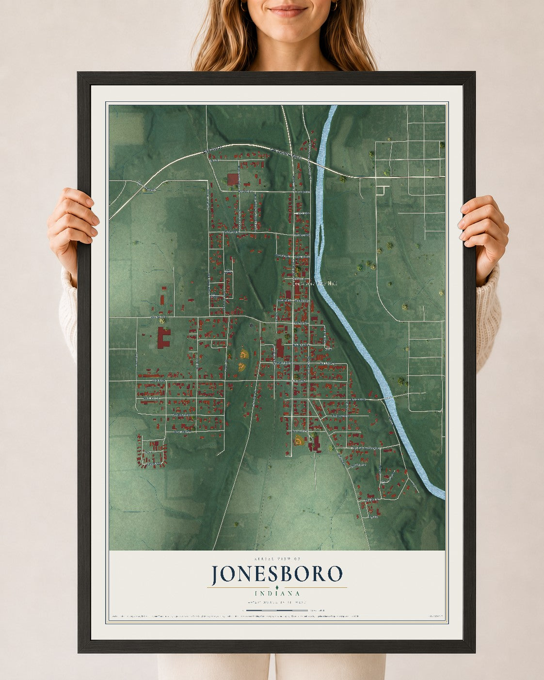Map of Jonesboro, Indiana, 24 x 36 inch print in a black wood frame