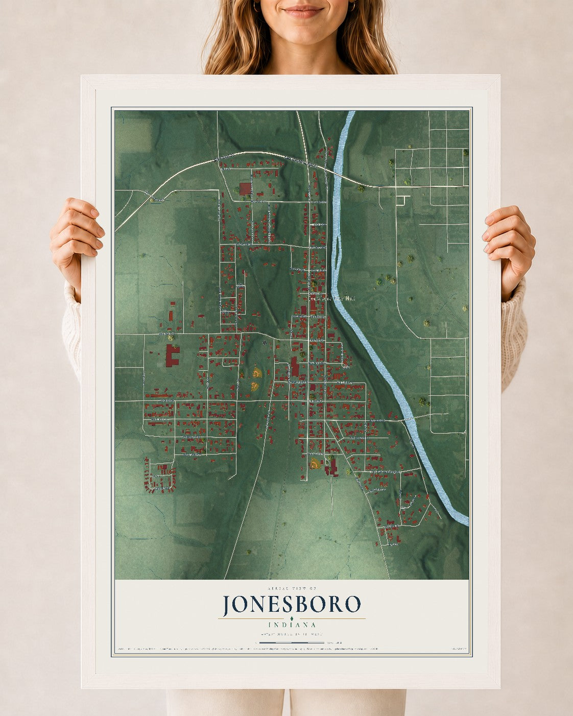 Map of Jonesboro, Indiana, 24 x 36 inch print in a white wood frame