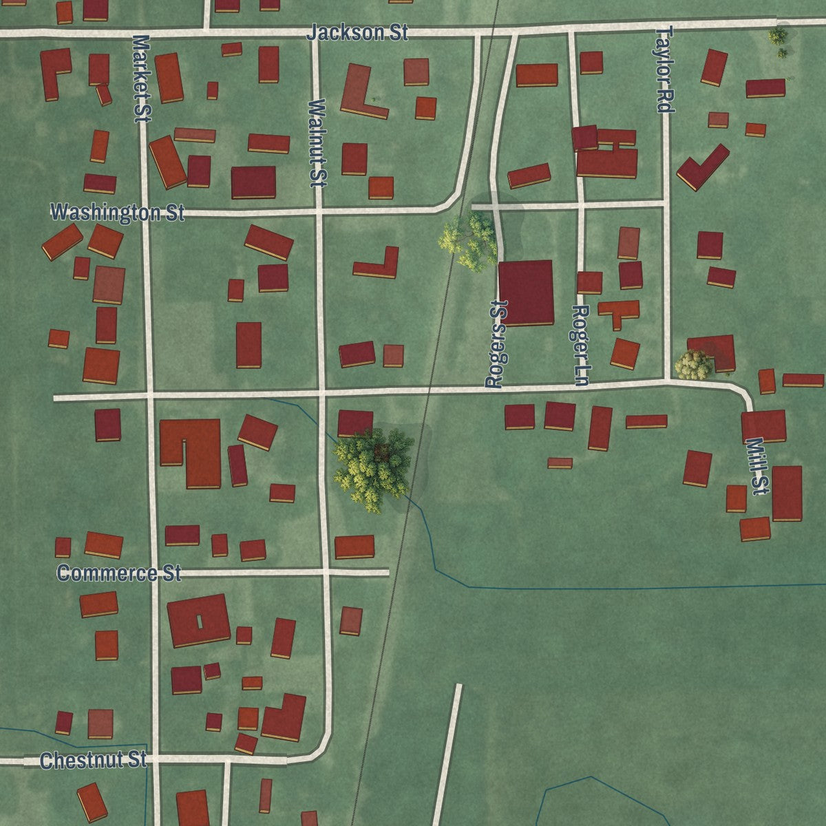 Close-up of the map of Jonesville, Indiana print showing street and building detail