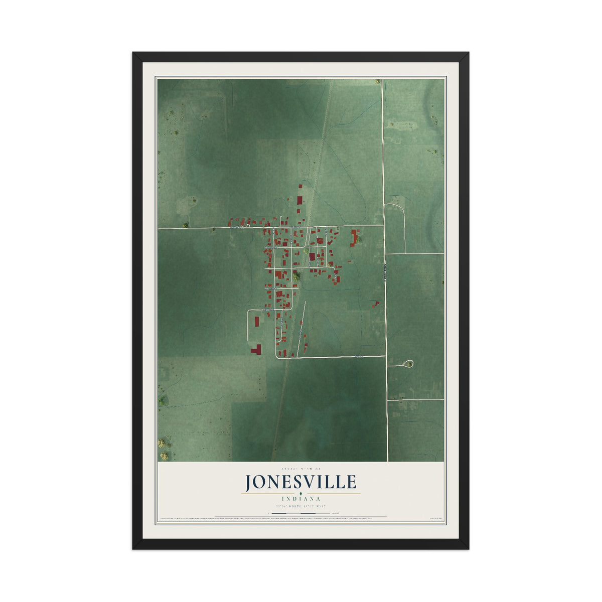 Map of Jonesville, Indiana, 12 x 18 inch print in a black wood frame