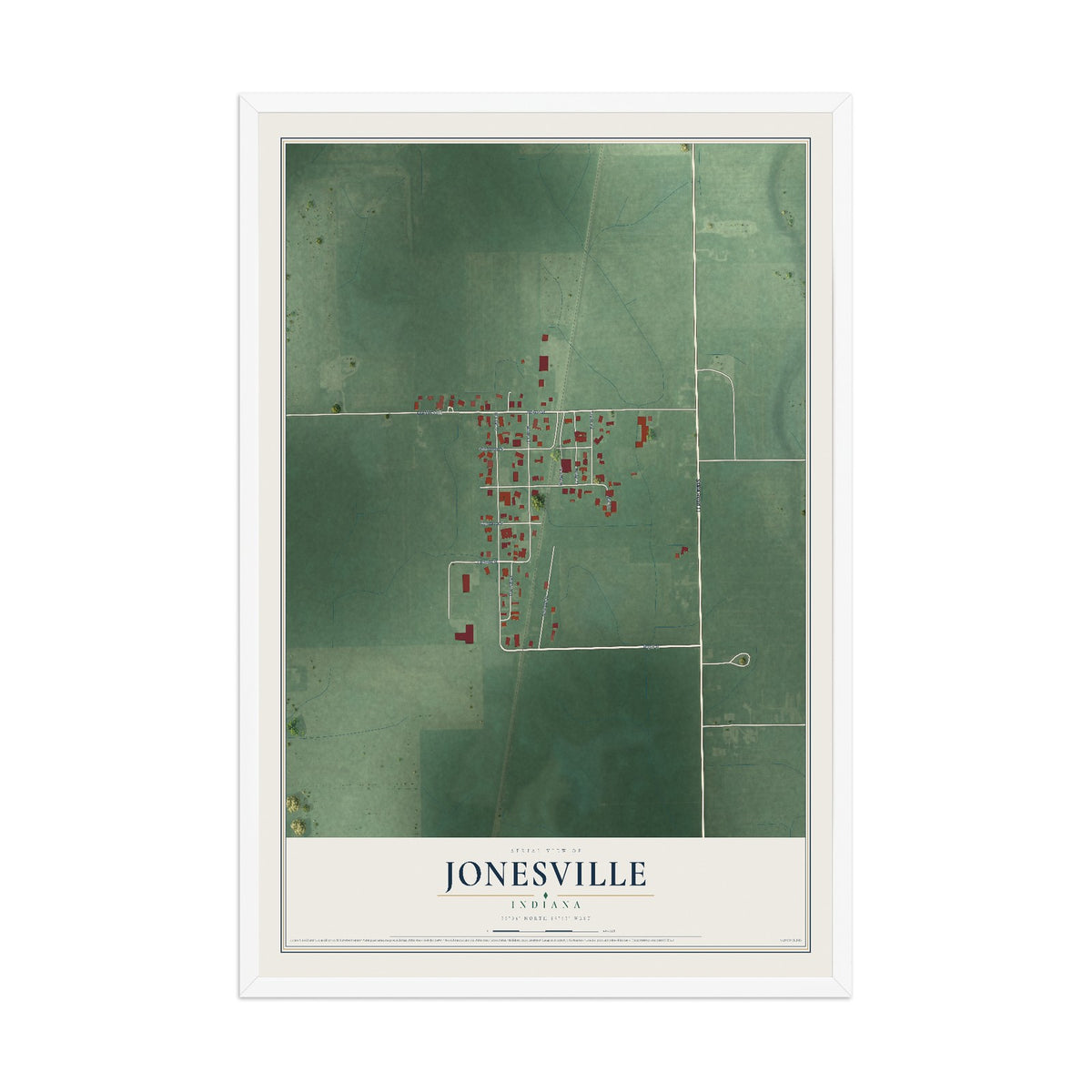 Map of Jonesville, Indiana, 12 x 18 inch print in a white wood frame