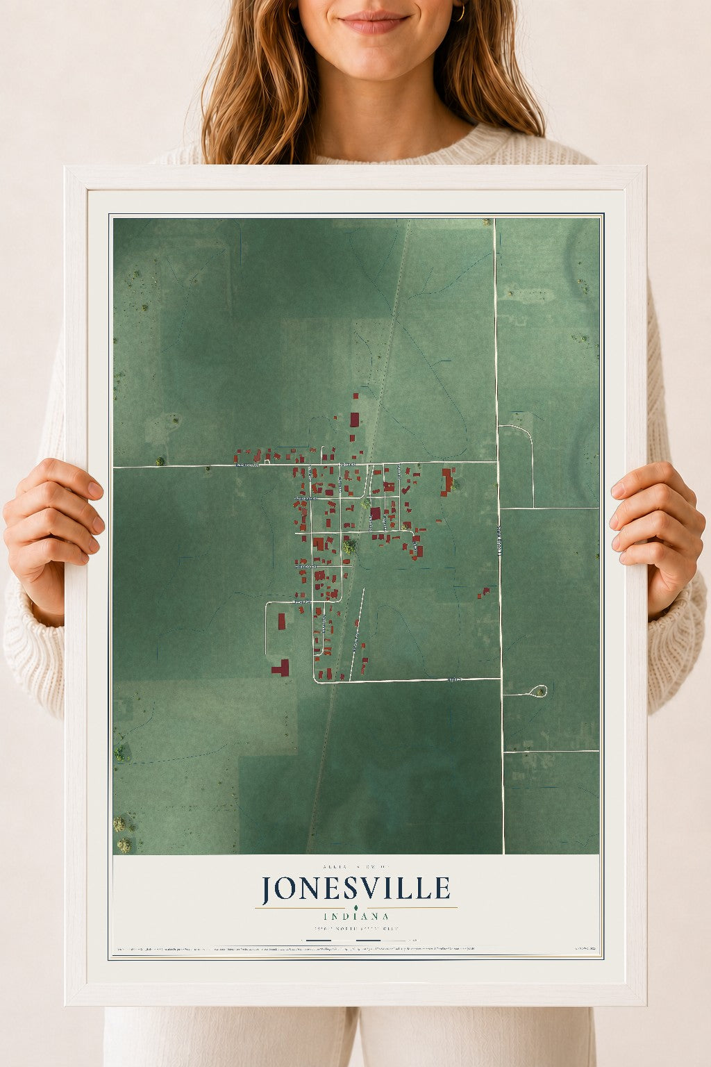 Map of Jonesville, Indiana, 18 x 24 inch print in a white wood frame