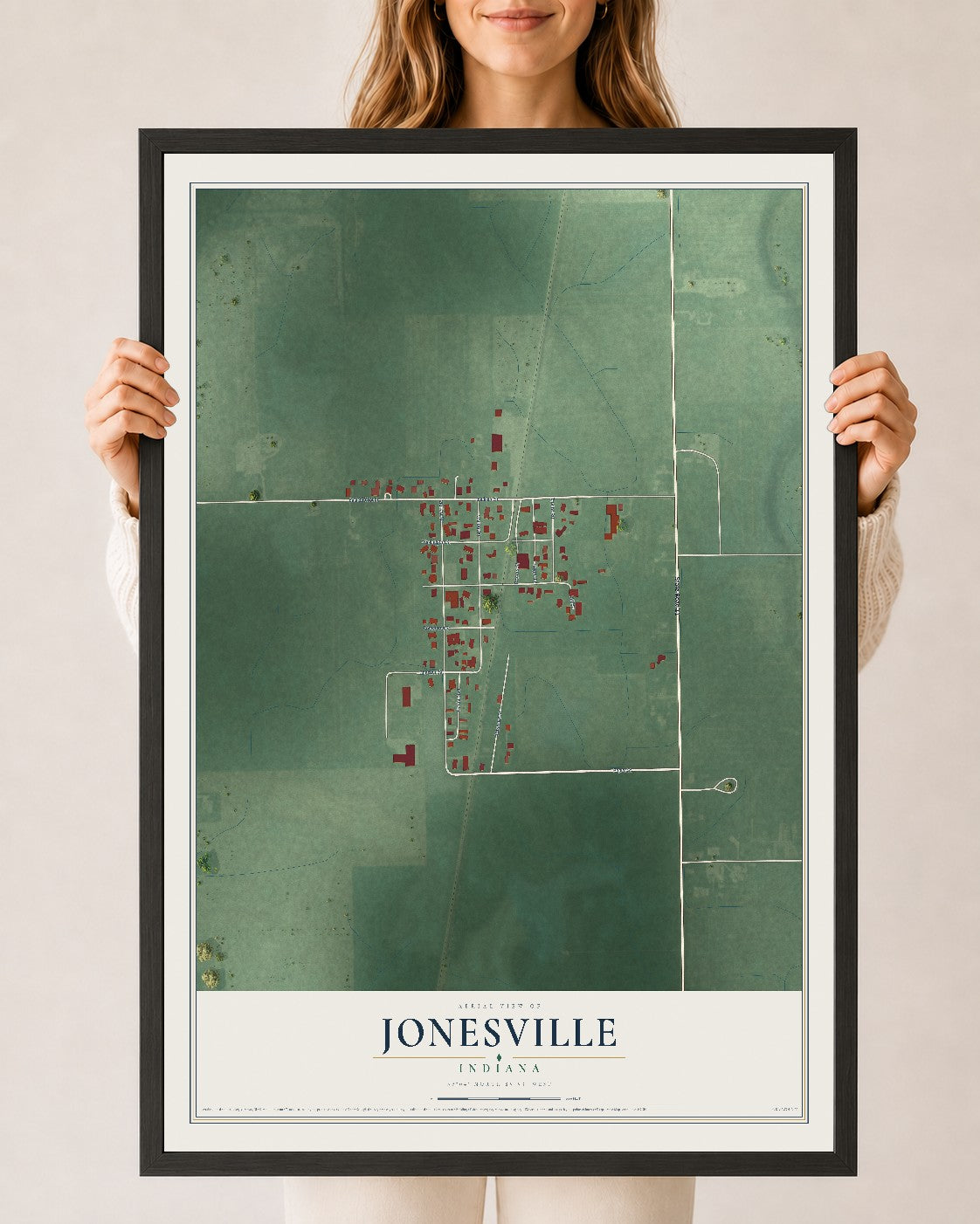 Map of Jonesville, Indiana, 24 x 36 inch print in a black wood frame