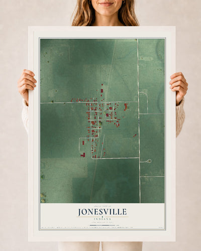 Map of Jonesville, Indiana, 24 x 36 inch print in a white wood frame