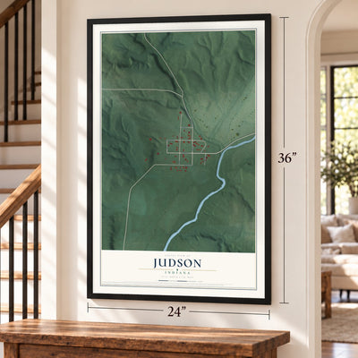 Judson, Indiana map, 24 x 36 inch print in a black frame by a staircase