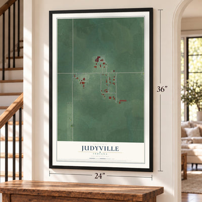 Judyville, Indiana map, 24 x 36 inch print in a black frame by a staircase