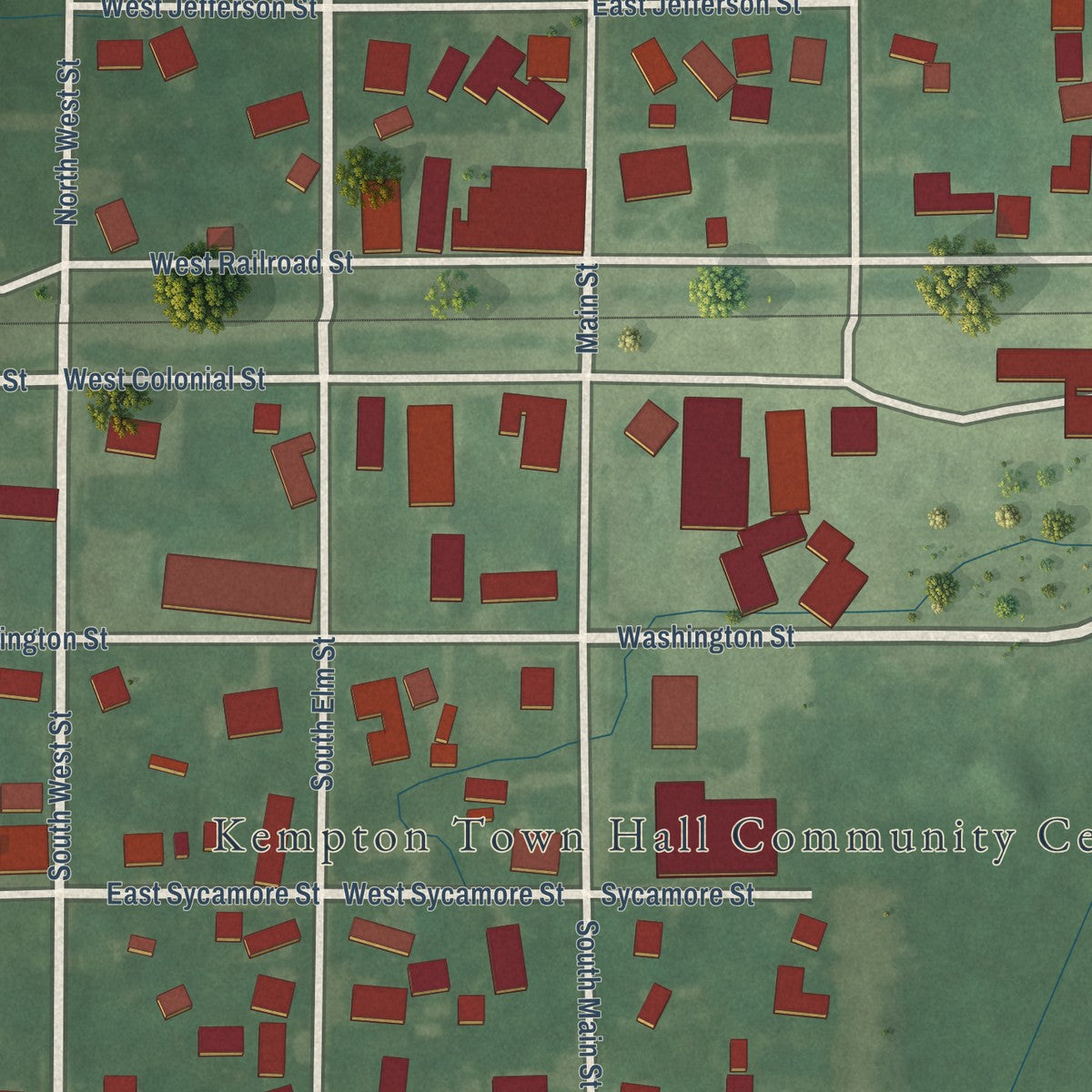 Close-up of the map of Kempton, Indiana print showing street and building detail