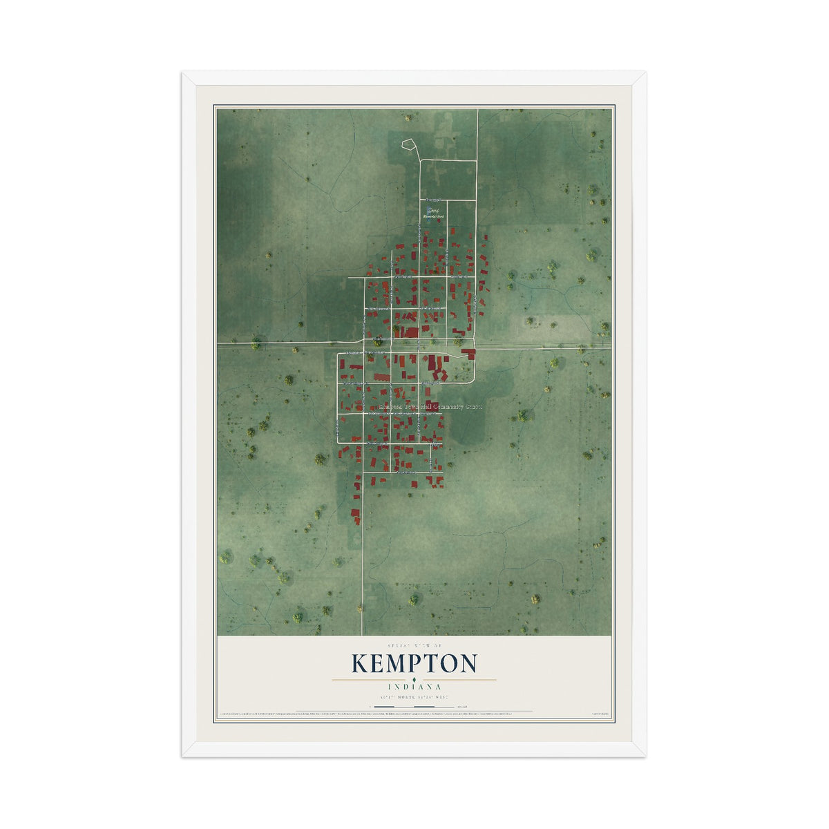 Map of Kempton, Indiana, 12 x 18 inch print in a white wood frame