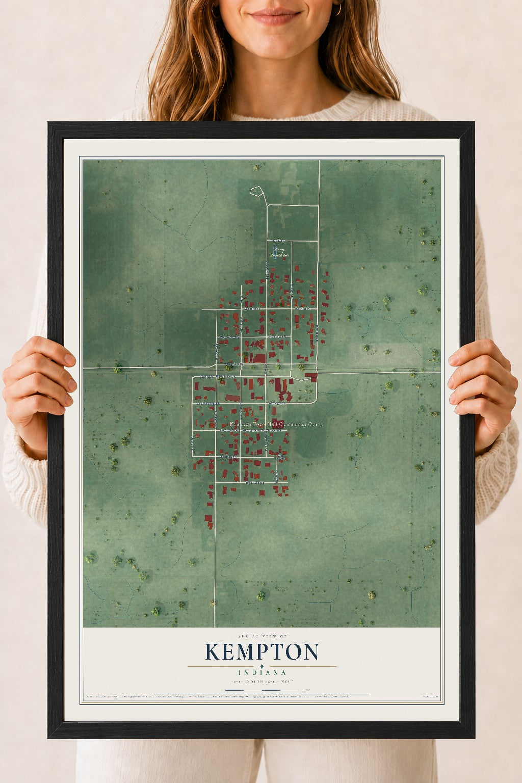 Map of Kempton, Indiana, 18 x 24 inch print in a black wood frame