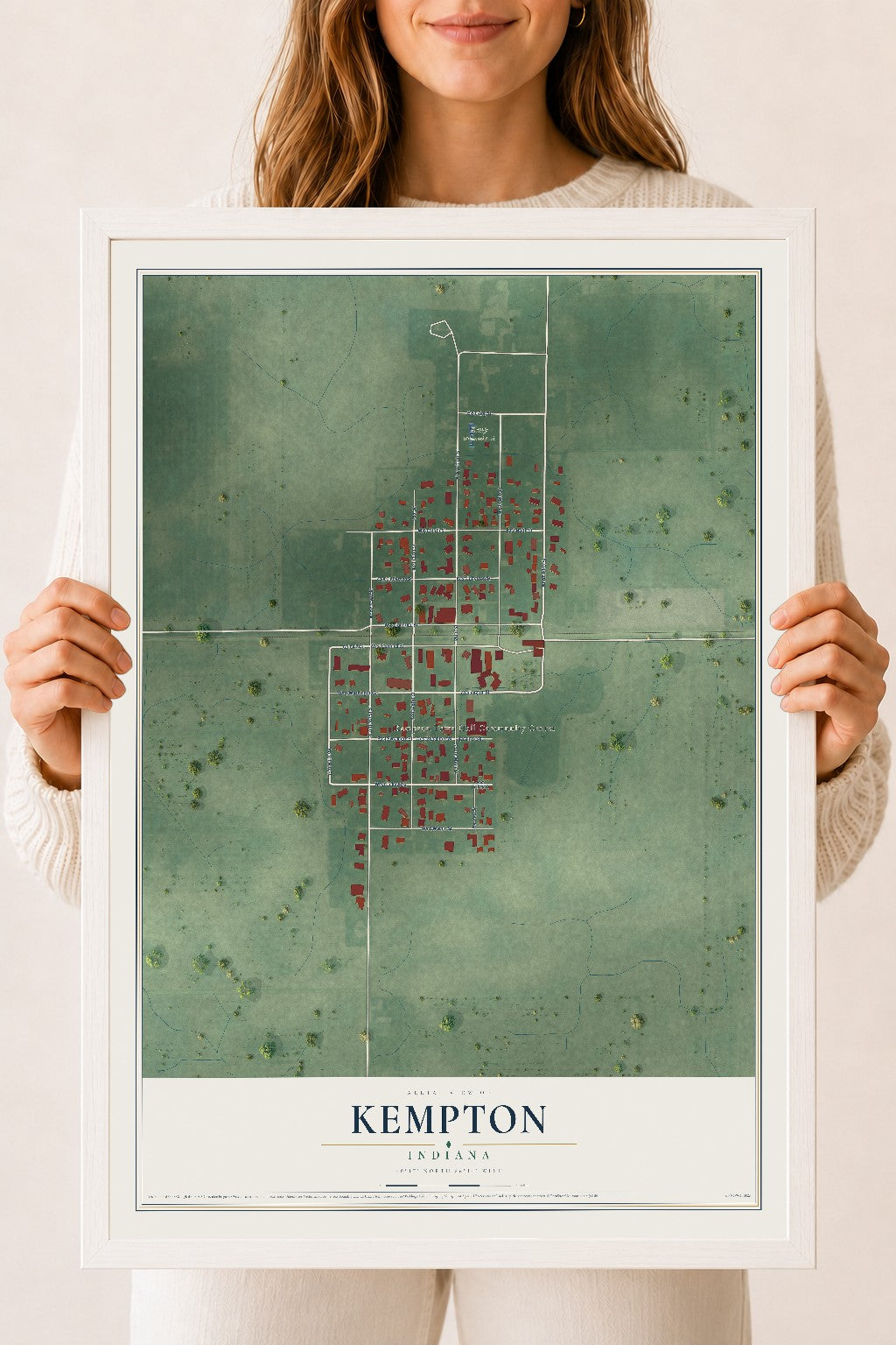 Map of Kempton, Indiana, 18 x 24 inch print in a white wood frame
