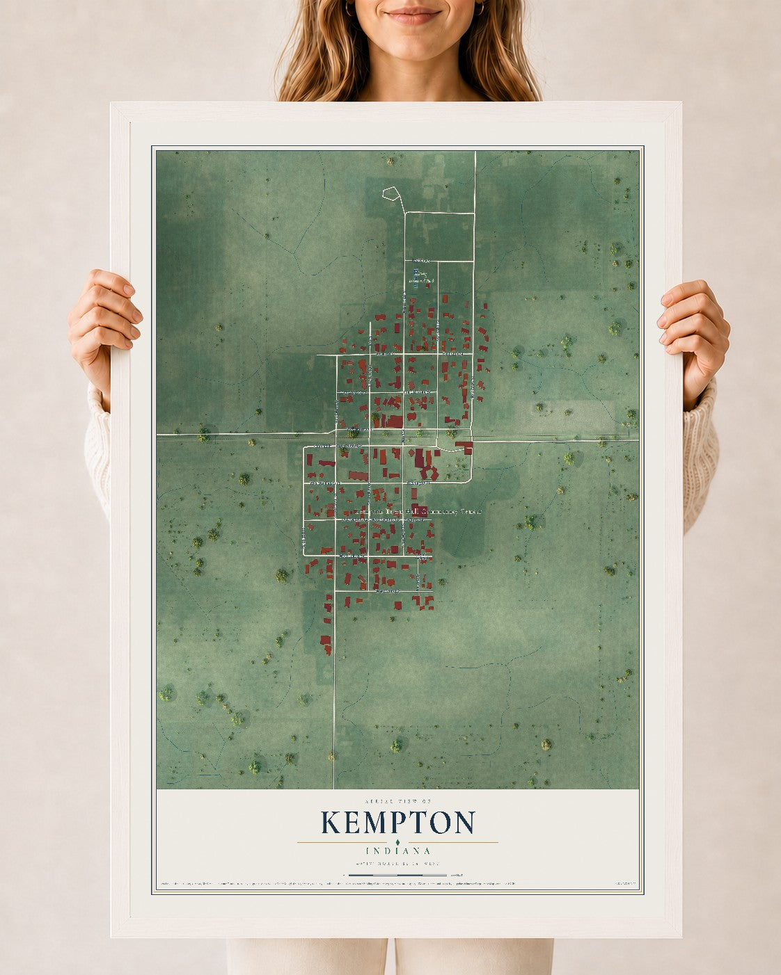 Map of Kempton, Indiana, 24 x 36 inch print in a white wood frame