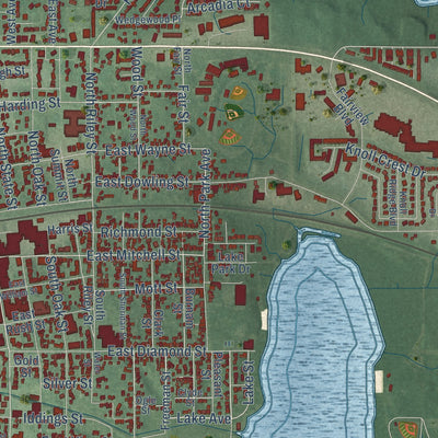 Close-up of the map of Kendallville, Indiana print showing street and building detail