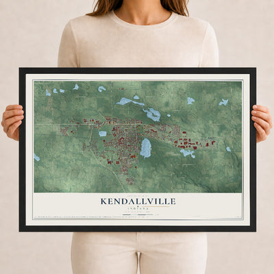 Map of Kendallville, Indiana, 12 x 18 inch print in a black wood frame