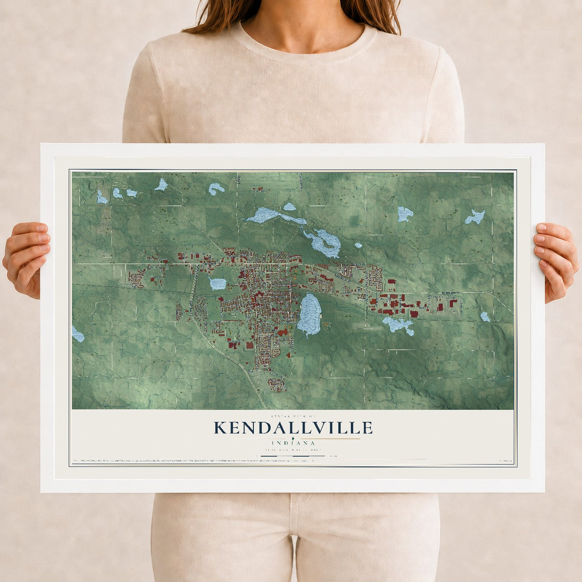 Map of Kendallville, Indiana, 12 x 18 inch print in a white wood frame